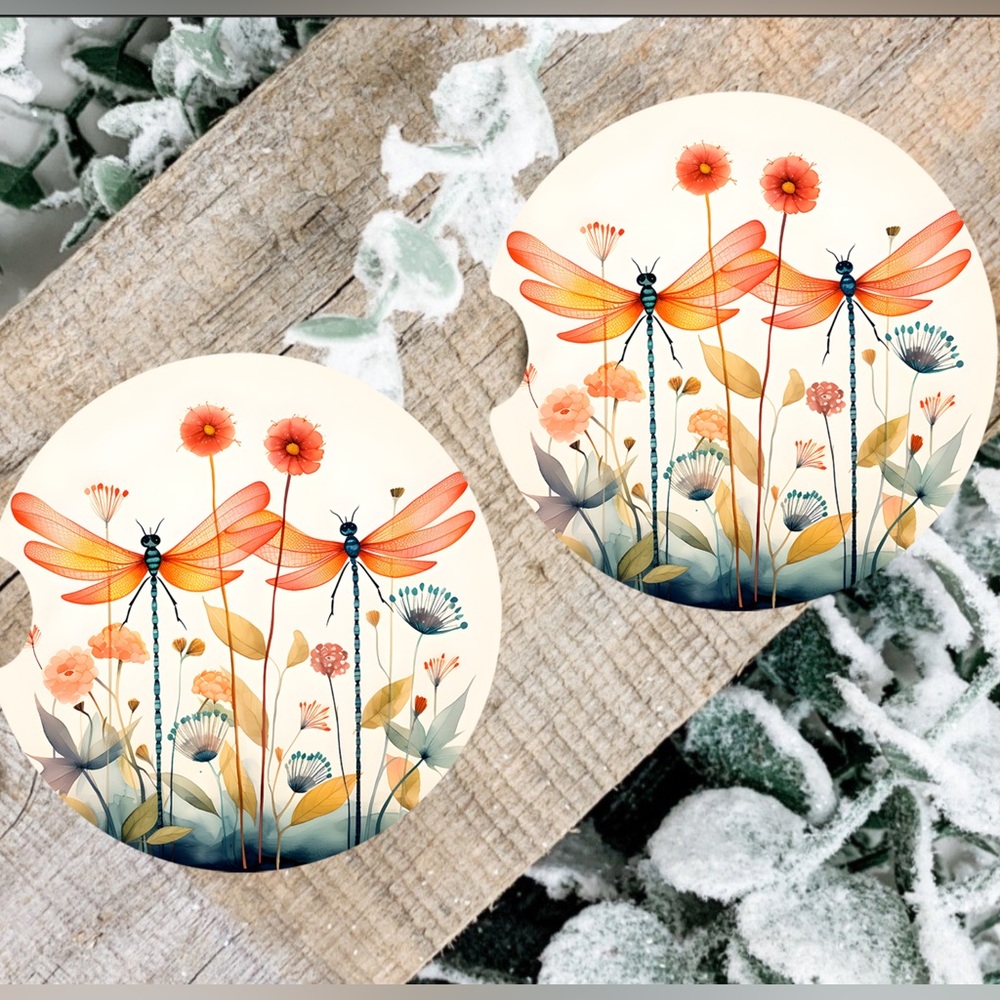 Handmade DragonfliesCar Coasters | New Set Of Two Sublimated Car Coasters